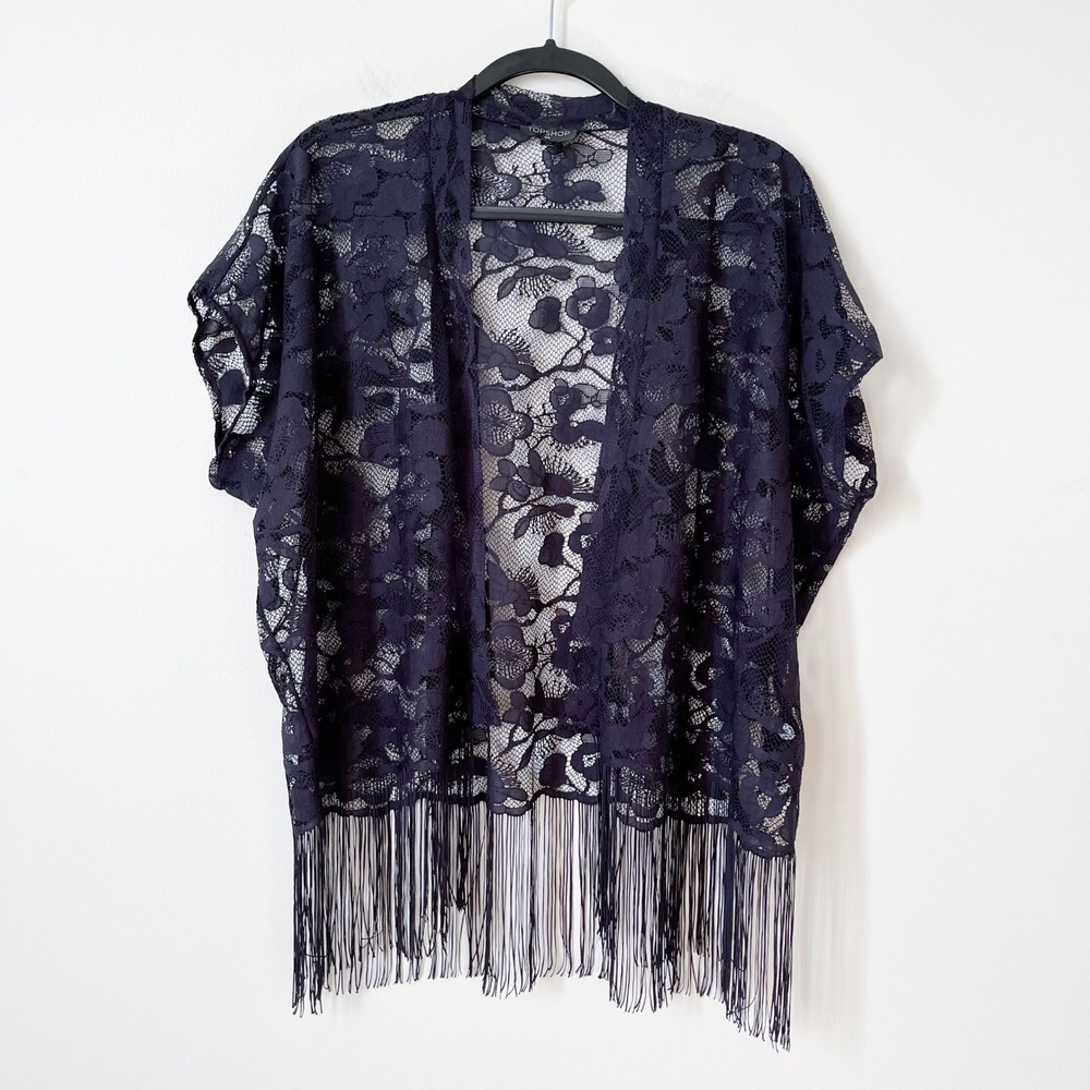 Topshop‎ Floral Lace Fringe Kimono Top Navy Blue Womens Small Medium